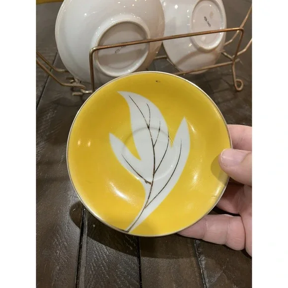 Vintage Napco Tea Set Yellow Gold Rack Leaf Saucer 4ZD-5415 Porcelain‎ Set Of 6